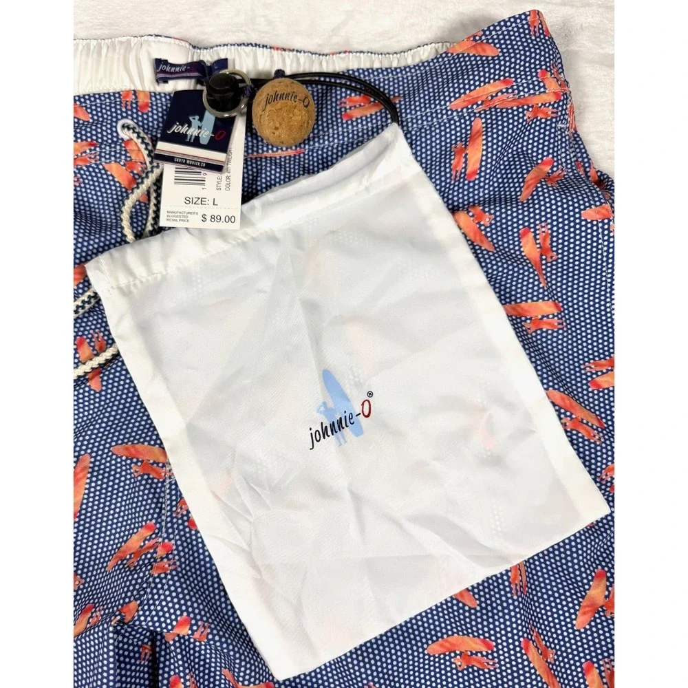 NWT johnnie-O Happy Hour Swim Trunks Mens L Blue Logo Print 9